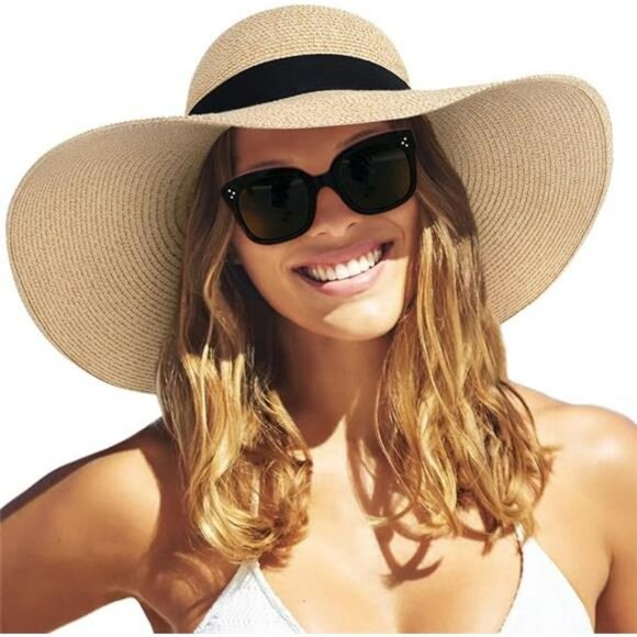 Womens Wide Brim Straw Sun Hat UPF 80 Foldable Floppy Beach Summer Hat - Picture 7 of 7